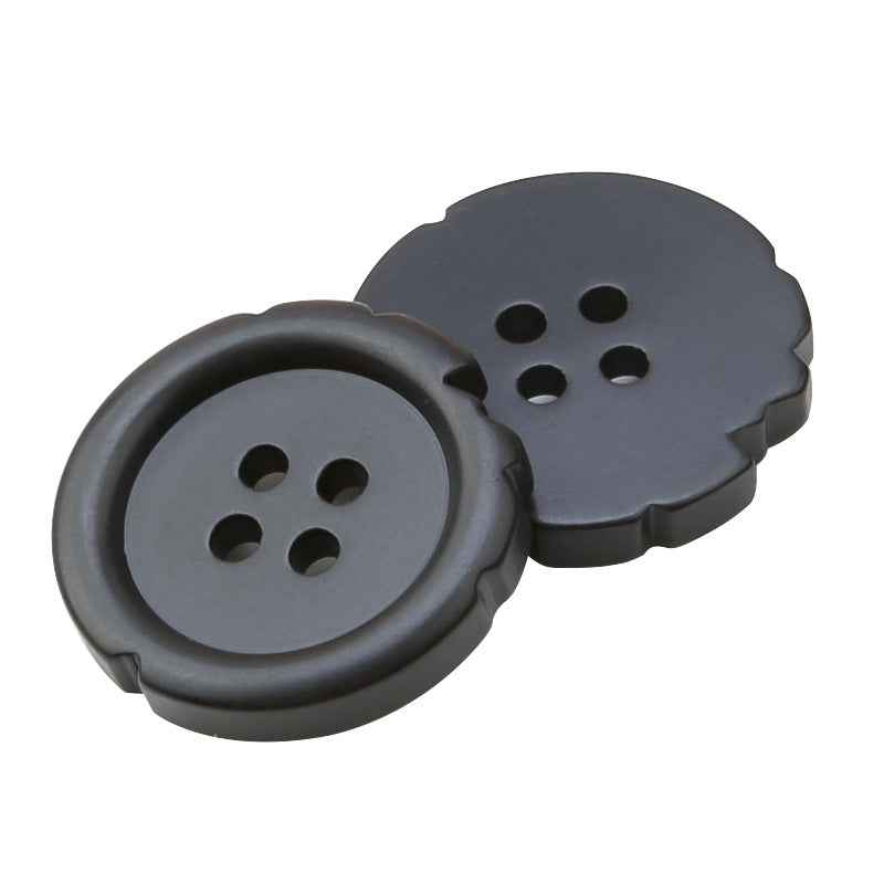 Black 4-hole resin buttons, irregular scalloped edge, two front views