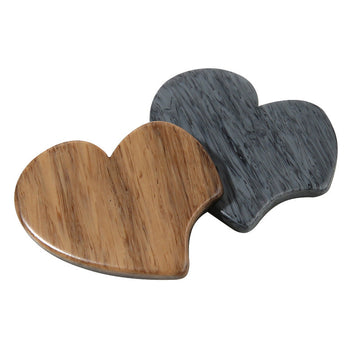 Heart-shaped wood-grain resin shank buttons, gray and beige (2 hearts shown)