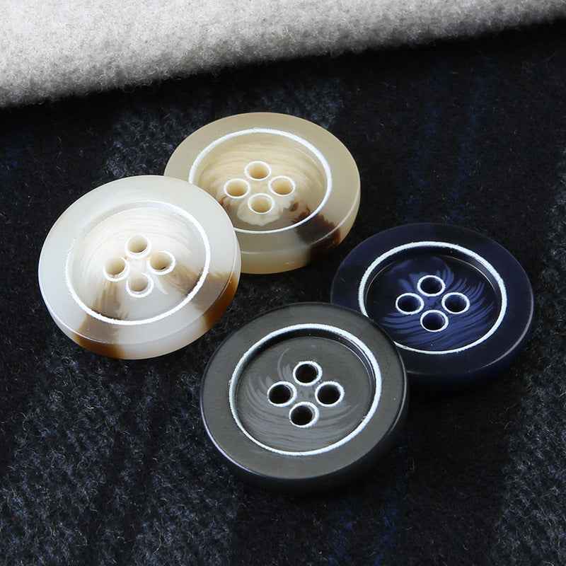 Round resin four-hole buttons: light beige, dark blue, and gray-black (set view)