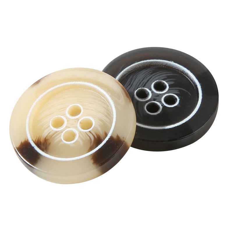 Round resin four-hole buttons, light beige and black (pair view)