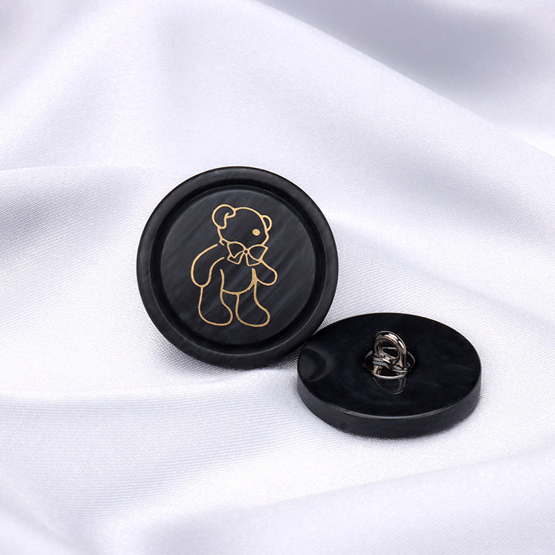 Round resin shank button, black—teddy bear front with metal shank underside