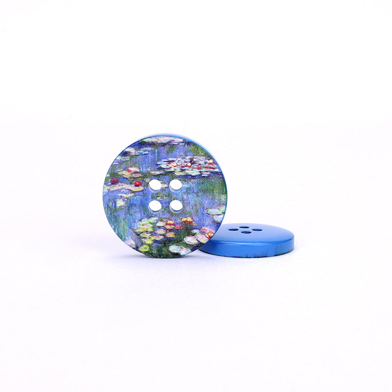 Runder 4-Loch Kunstharzknopf mit blauem Blumenstadt-Ölgemälde-Design