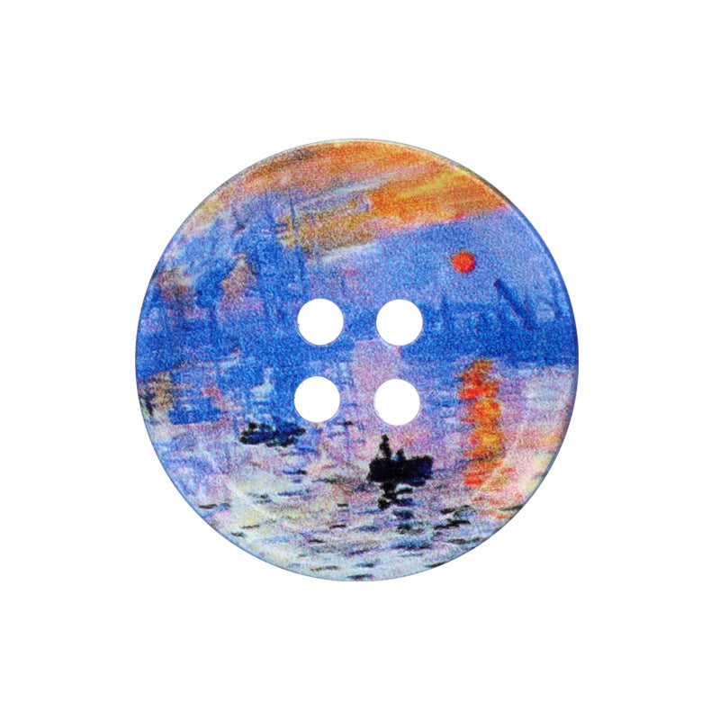 Round resin button with four holes, blue-and-orange landscape oil painting print