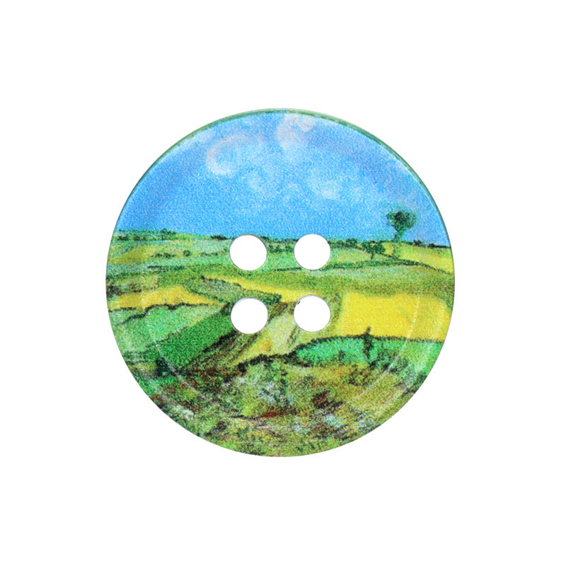 Round resin button with four holes, bright blue sky and green fields oil painting print