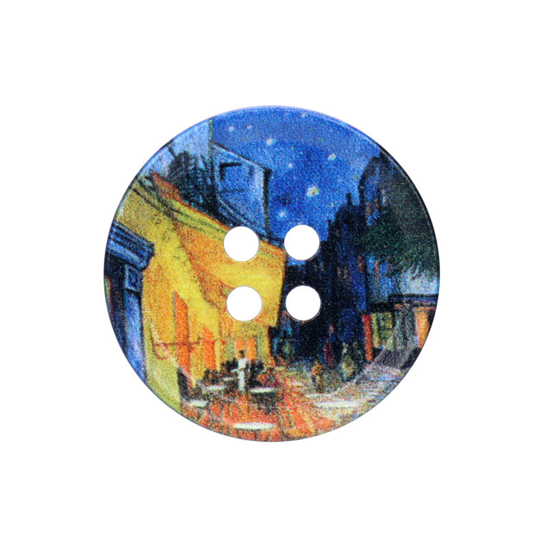 Round resin button with four holes, blue night street oil painting print scene