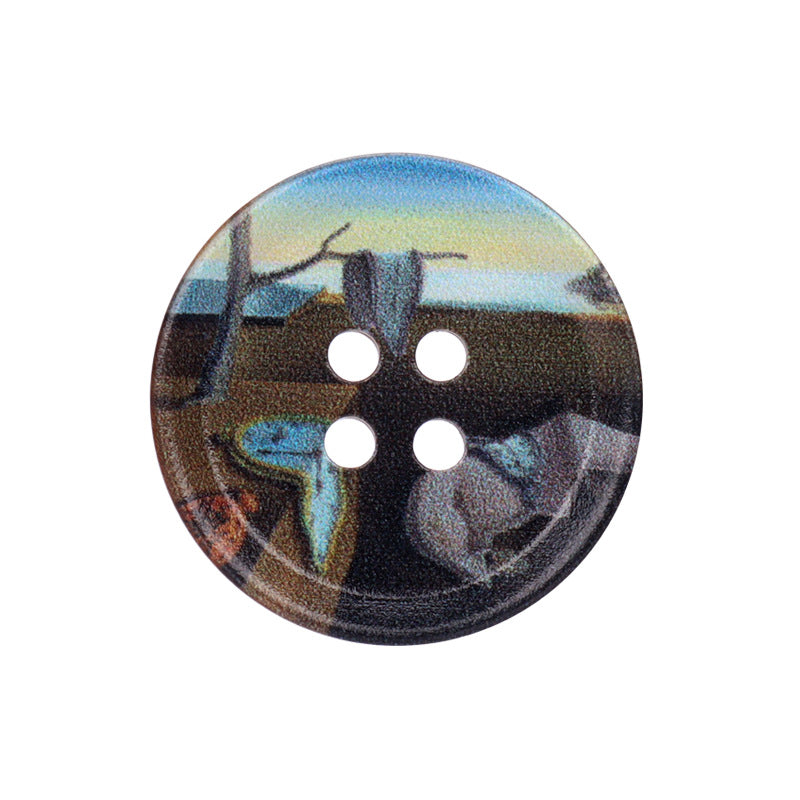 Runder 4-Loch Kunstharzknopf, dunkles Landschaftsmotiv mit blauem Himmel