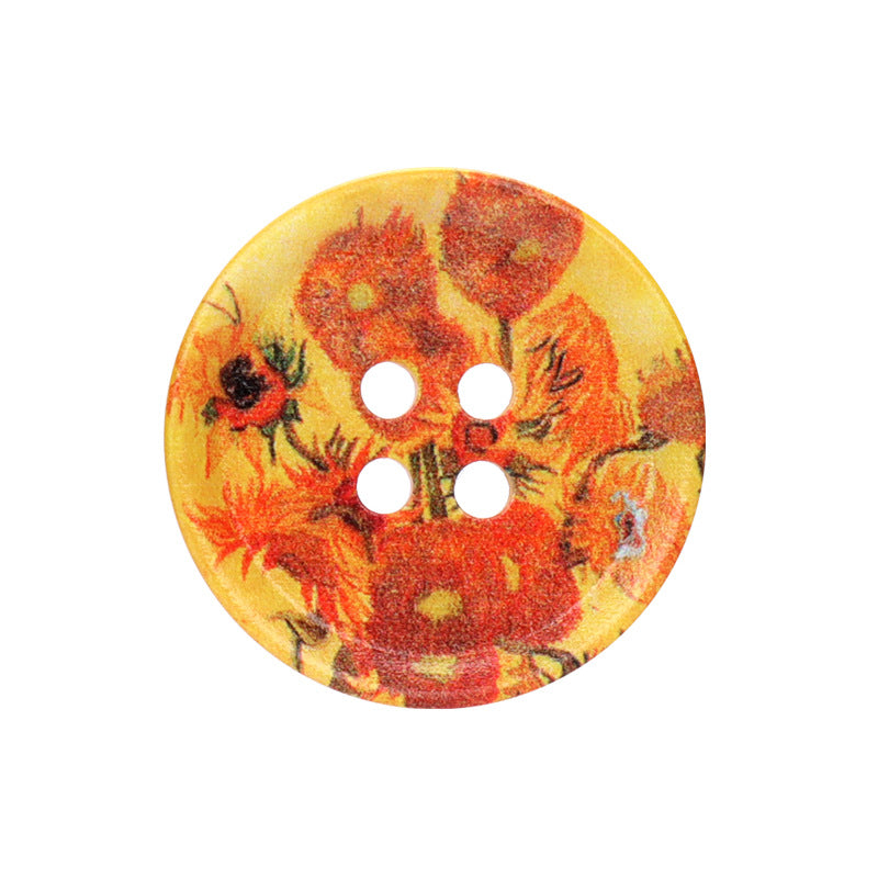 Runder 4-Loch Kunstharzknopf, orangefarbenes Blumen-Ölbild-Motiv