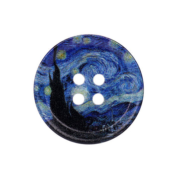 Rund 4-Loch Kunstharzknopf, blaues Ölbild-Motiv mit schwarzen Formen