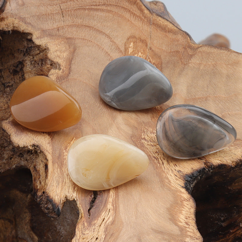 Resin-look jade buttons with metal shanks in gray, cream and orange teardrop shapes