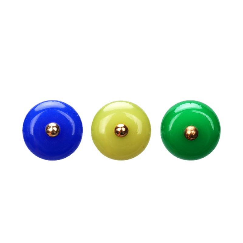 10mm resin buttons in royal blue, light green, and green with gold shanks (set view)