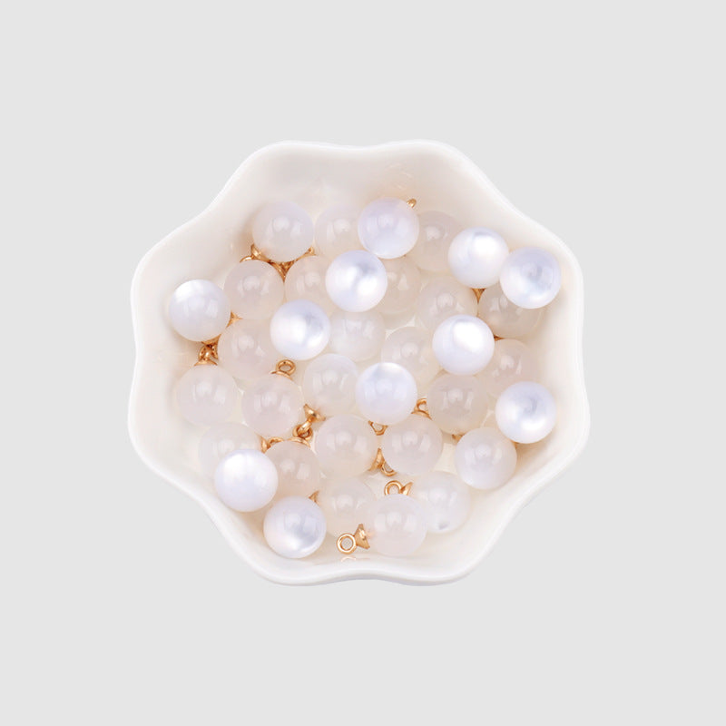 White 9mm resin bead buttons, round pearl look with gold shank loops
