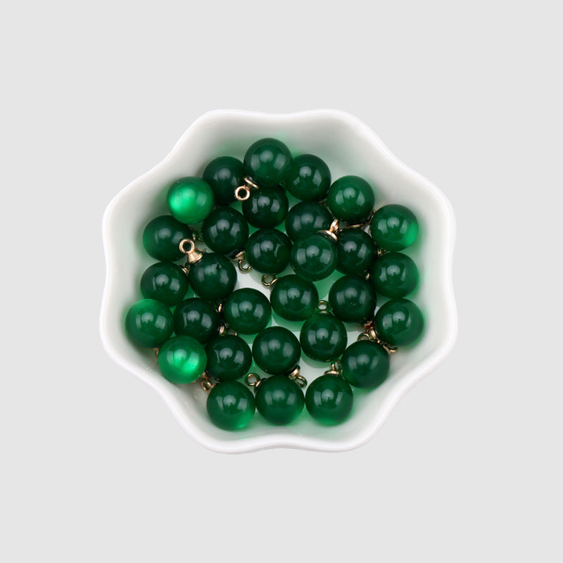 Green 9mm resin bead buttons, round glossy beads with gold shank loops
