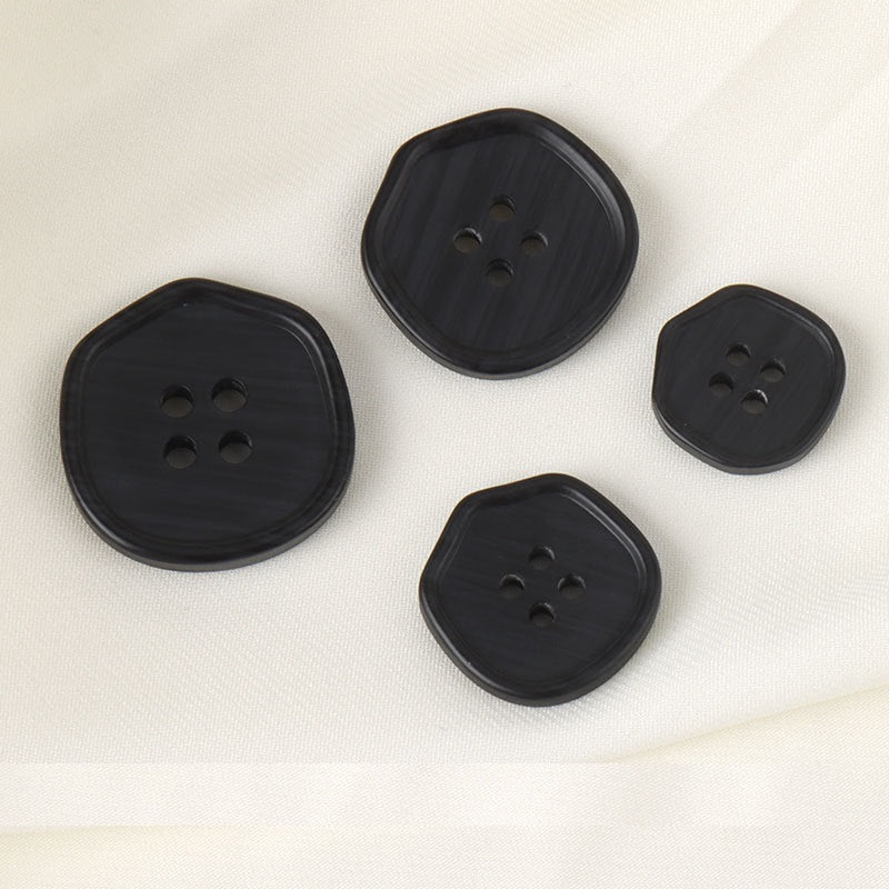 Four-hole black resin buttons set, woodgrain finish, different sizes