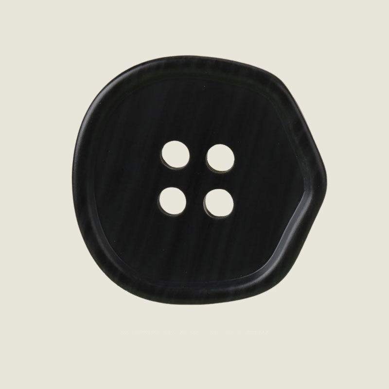Black four-hole resin button, smooth woodgrain pattern, 18–28mm