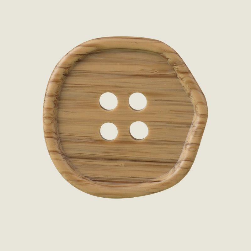 Khaki-brown four-hole resin button with woodgrain stripes, 18–28mm