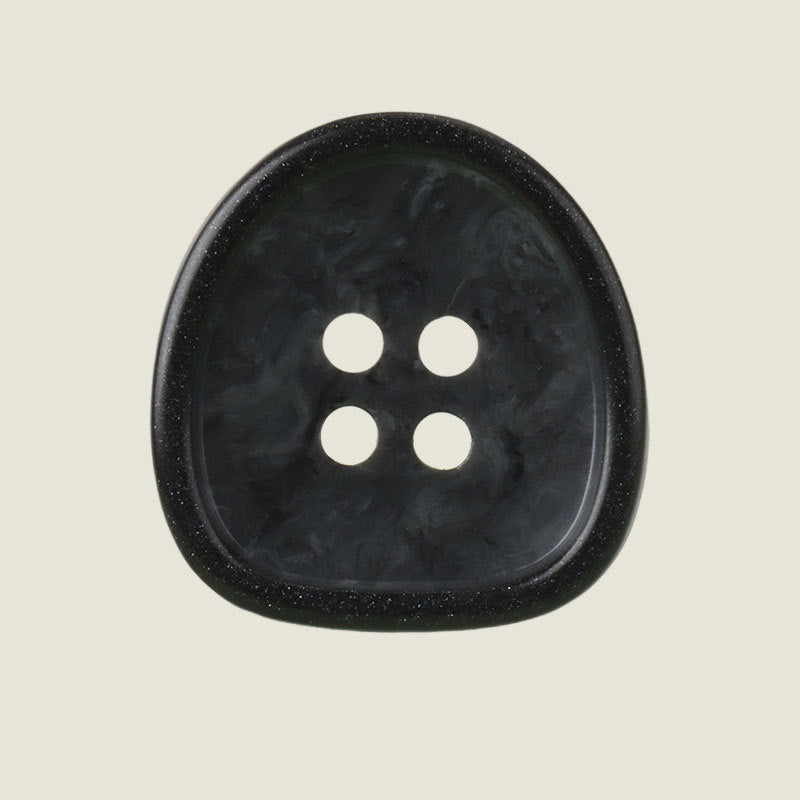 Black resin button with marbled pattern and 4 holes, front view