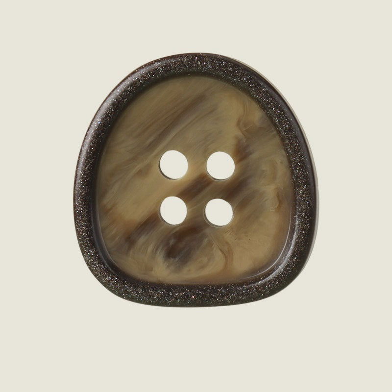 Coffee-brown resin button with marbled pattern and 4 holes, front view