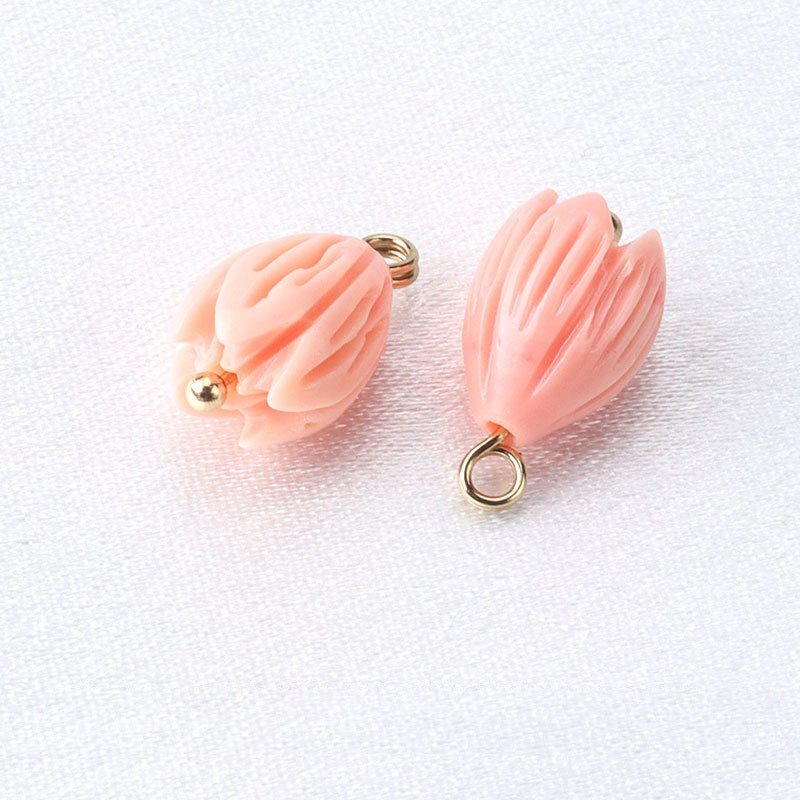 Light pink resin flower bead button with gold stud and ring loop