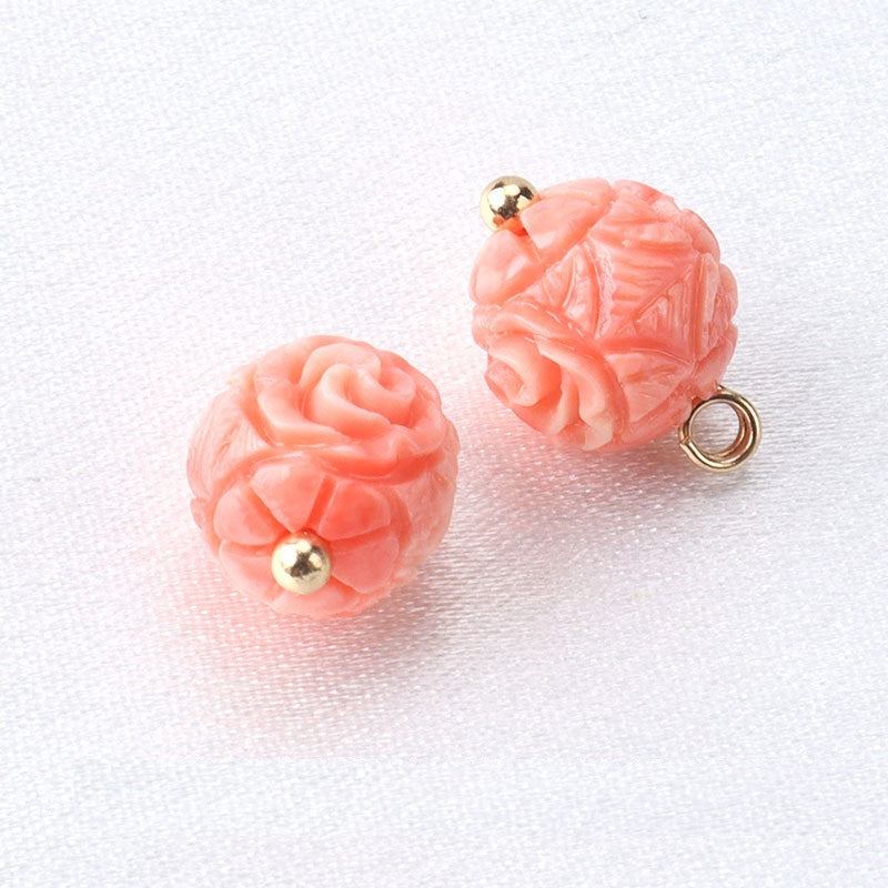 Coral pink resin flower bead button with gold stud and ring loop