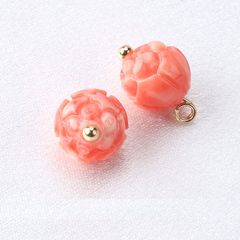 Pink resin flower bead buttons with gold studs and ring loops, rounded petals
