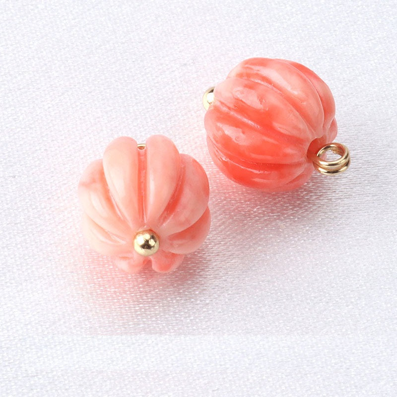 Salmon pink resin flower bead buttons with gold studs and ring loop