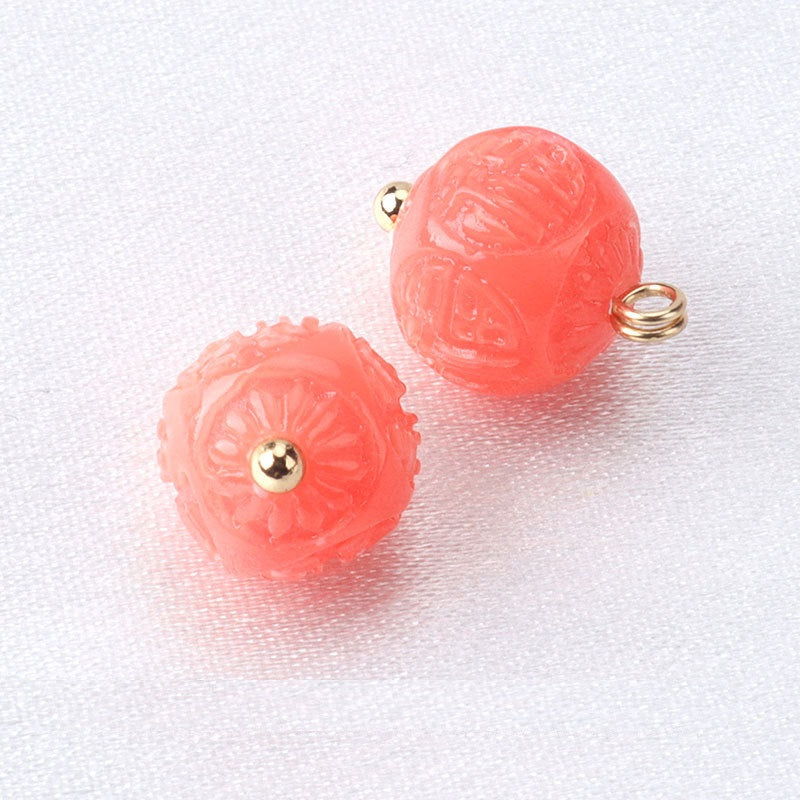 Bright coral pink resin flower bead buttons with gold stud and ring loop