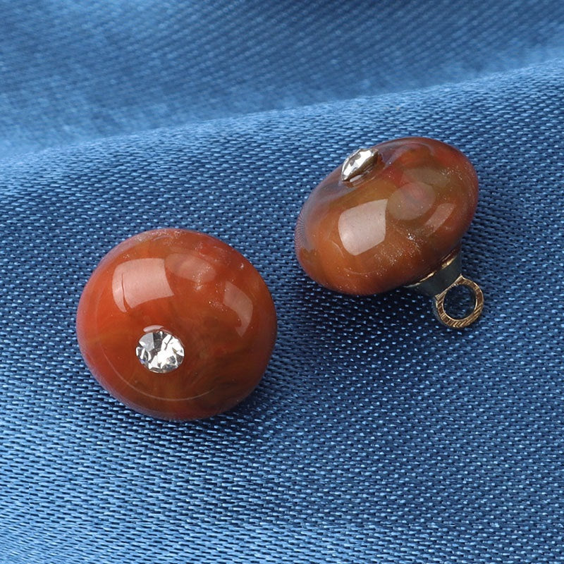 Resin frog buttons: 2 orange-brown bead buttons with rhinestone and metal loop
