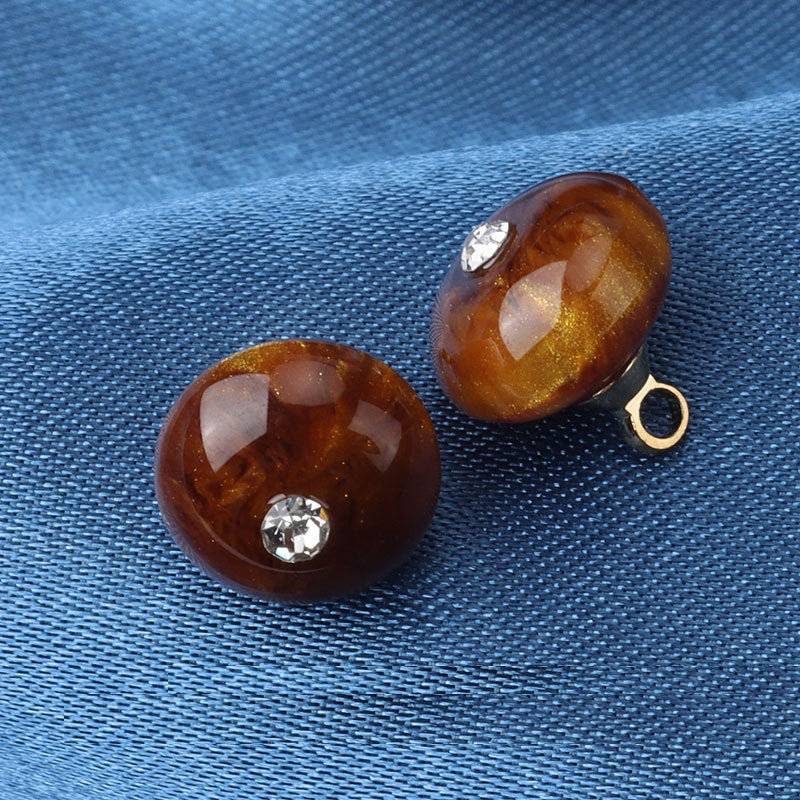 Resin frog buttons: 2 amber-brown bead buttons with rhinestone and metal loop