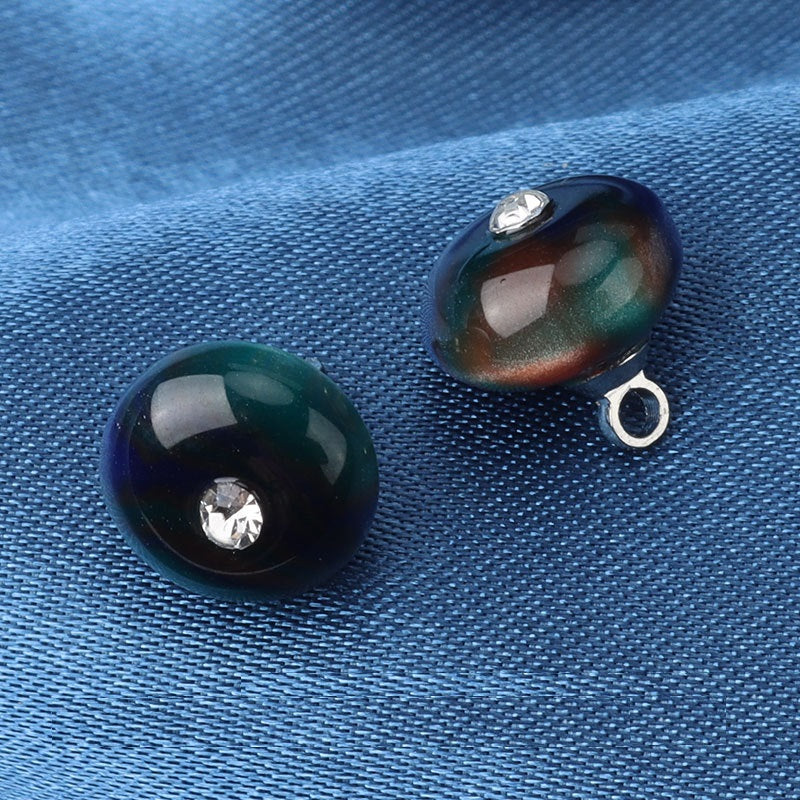 Resin frog buttons: 2 dark green/blue bead buttons with rhinestone and metal loop