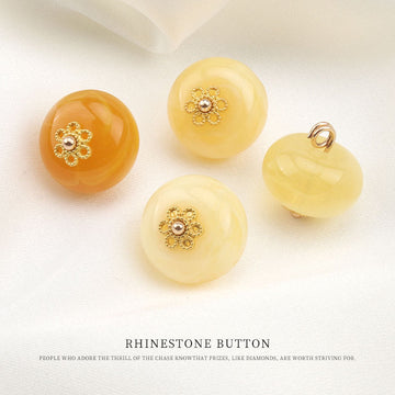 Resin bead frog button set: round yellow/amber tops with gold floral rhinestone center