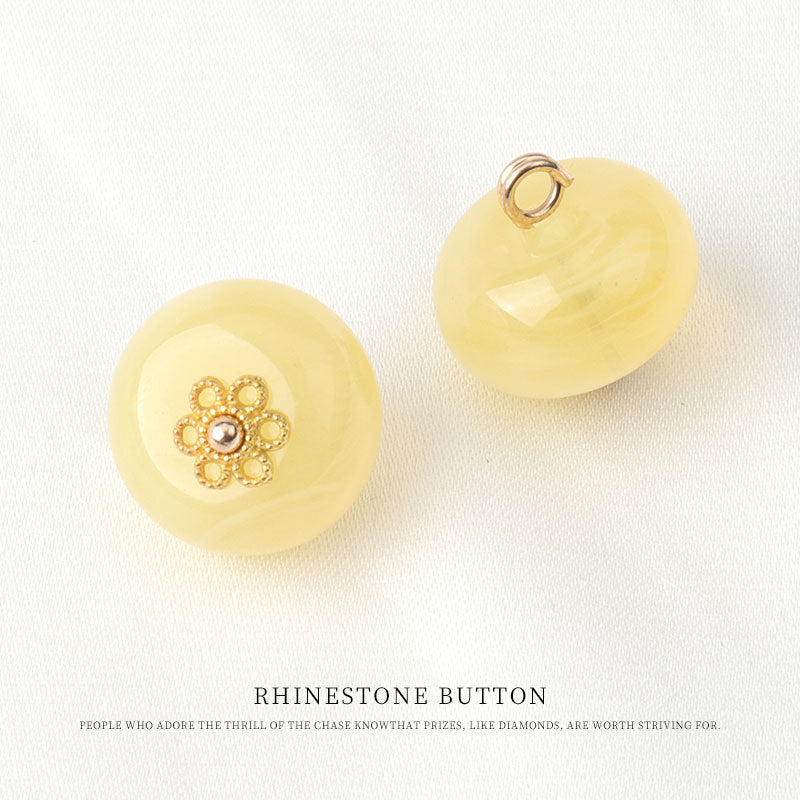 Yellow resin bead frog button with gold floral base and raised rhinestone center