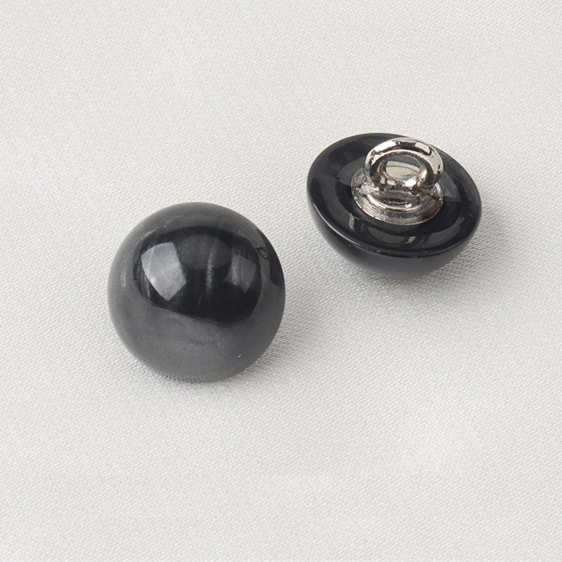 Black resin shirt buttons with silver metal shank, glossy mushroom domes