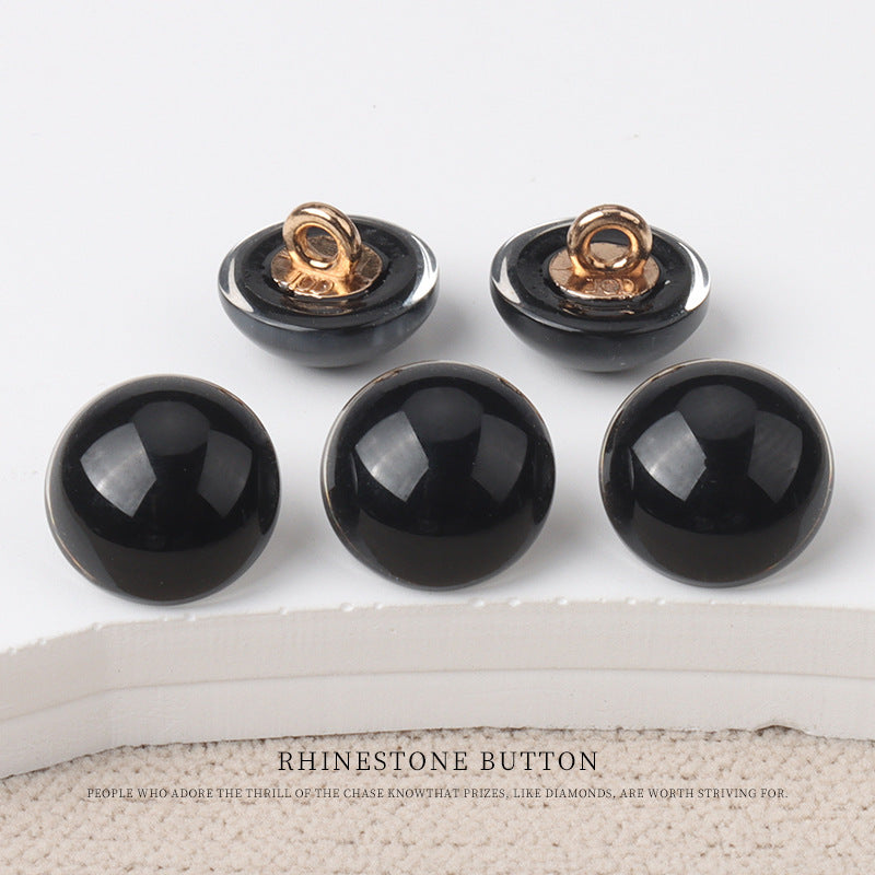 Glossy black shiny resin mushroom buttons with gold-tone metal shanks, 6-pack view