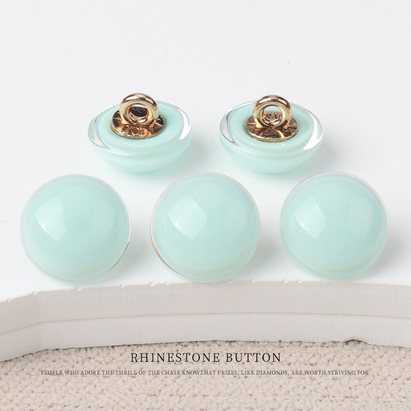 Shiny mint green resin mushroom buttons with gold-tone metal shanks, 6-pack view