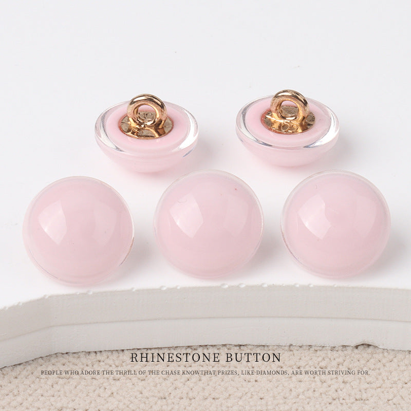 Pale pink shiny resin mushroom buttons with gold-tone metal shanks, 6-pack view