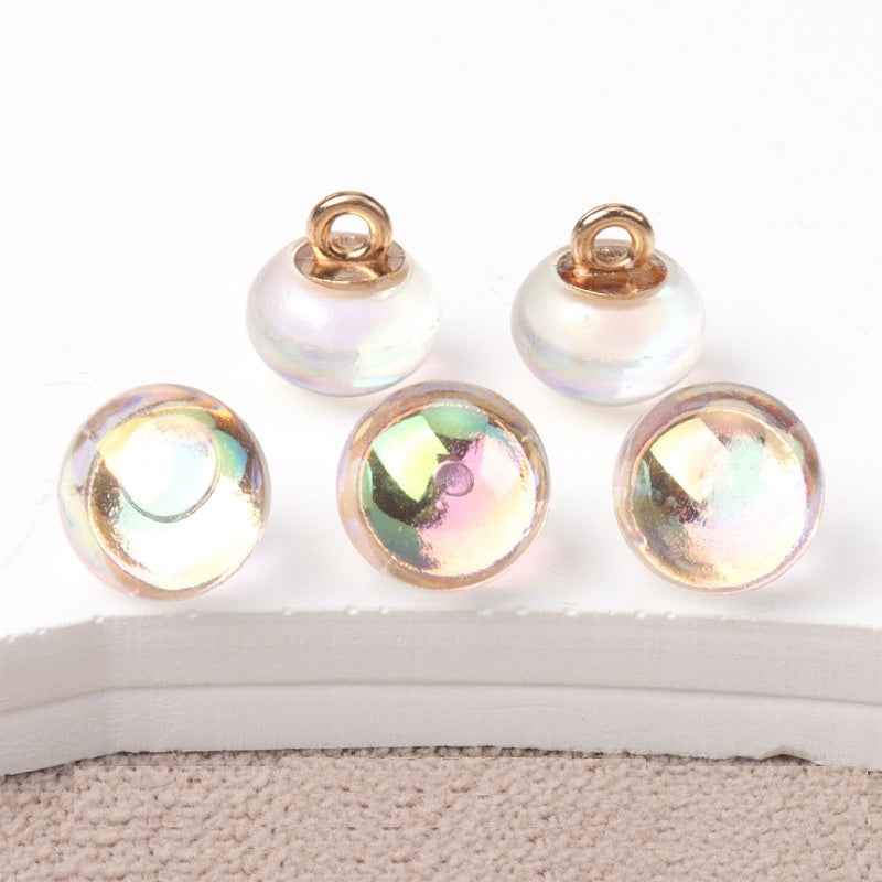 10mm resin mushroom buttons, pearl white with iridescent center and gold-tone loops