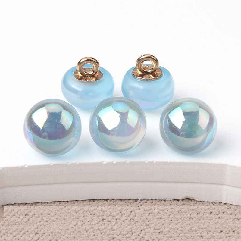 10mm resin mushroom buttons, light blue and iridescent blue with gold-tone loops
