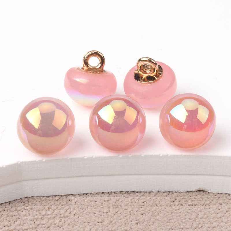 10mm resin mushroom buttons, pastel pink tones with iridescent finish and gold-tone loops