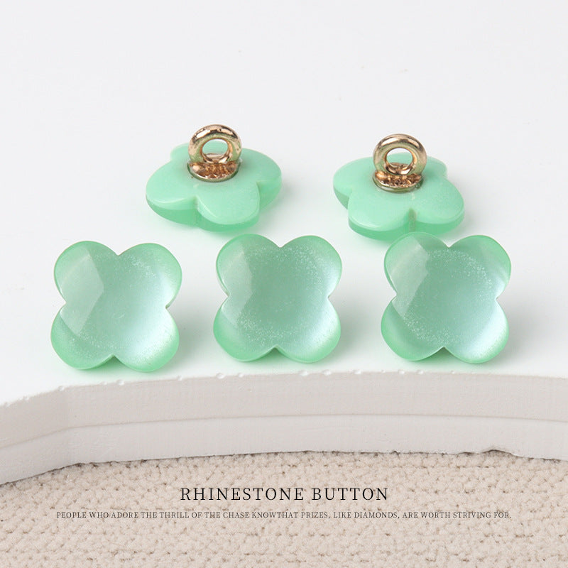 Mint green flower-shaped resin shank buttons for children's sweaters with rose-gold metal loops