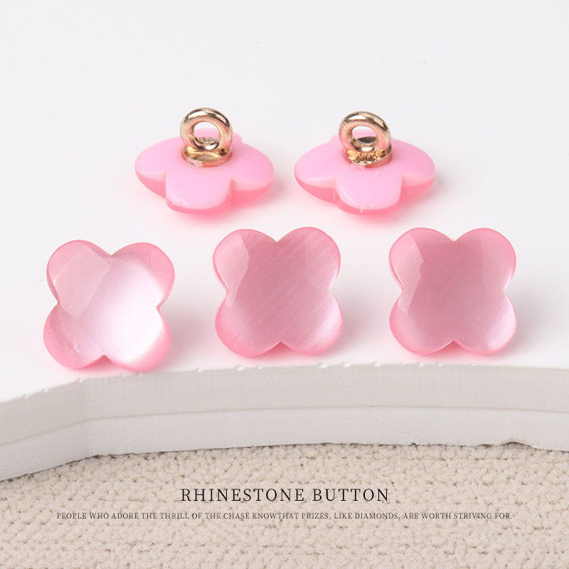 Pink flower-shaped resin shank buttons for children's sweaters with metal loop backs