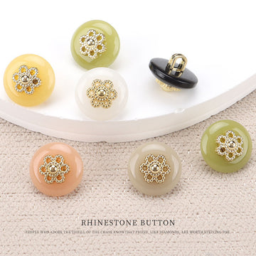 Round resin shank buttons with gold floral rhinestone centers: yellow, green, peach set