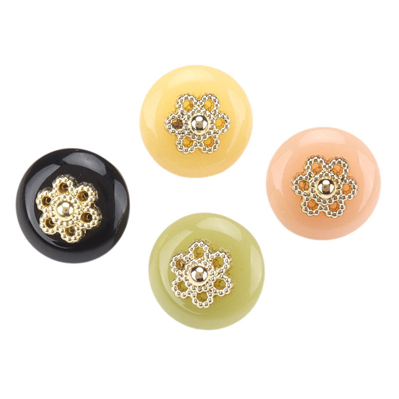 Round resin shank buttons with gold floral rhinestone centers: black, yellow, peach, green
