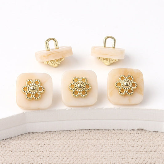 10mm Chinese Style Square Resin Buttons with Metal Shanks 20pcs Beige