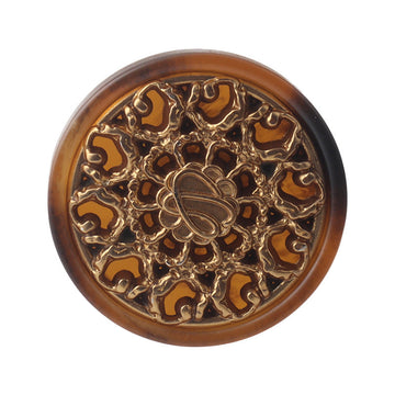 Coffee resin shank button with gold filigree floral front