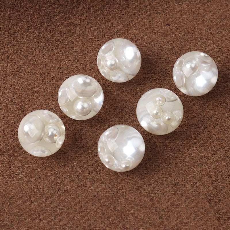 Set of six 11mm white mushroom resin buttons with pearl inlays
