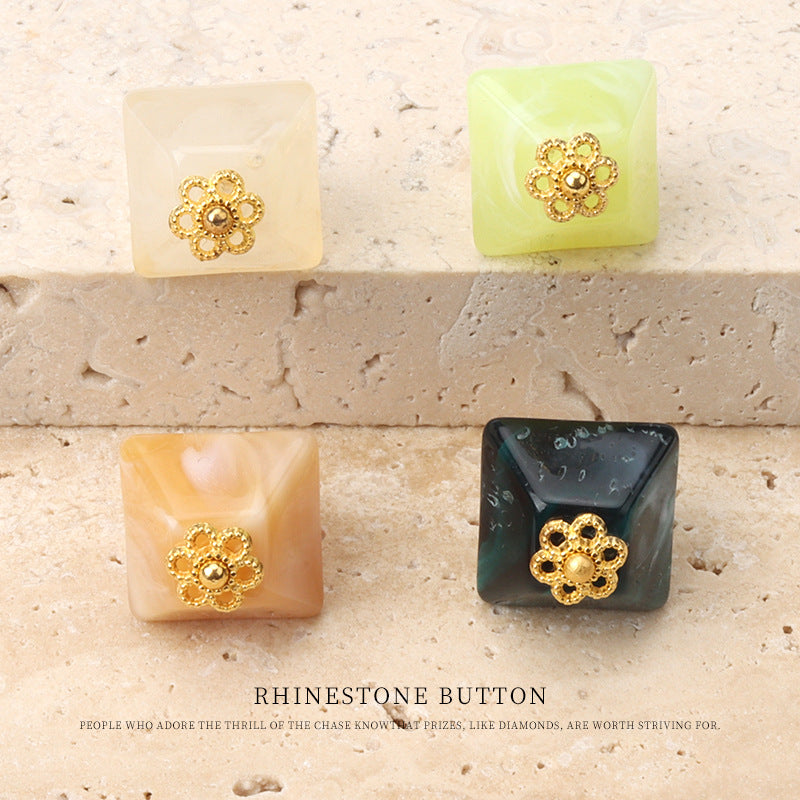 Square translucent acrylic buttons with gold rhinestone flower centers, mixed colors set of 4.