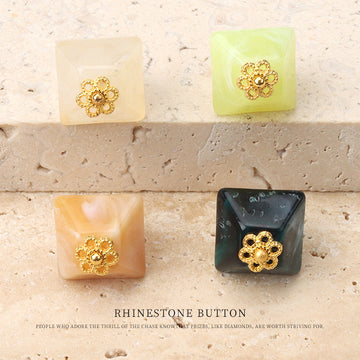 Square translucent acrylic buttons with gold rhinestone flower centers, mixed colors set of 4.