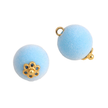 12mm flocked velvet bead button, light blue with gold decorative top and loop shank