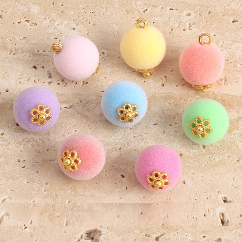 Assorted 12mm flocked velvet bead buttons with gold caps and hanging loops, multicolor