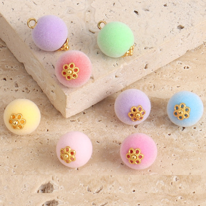 Set of 12mm flocked velvet bead buttons in pastel colors, gold paw-style caps